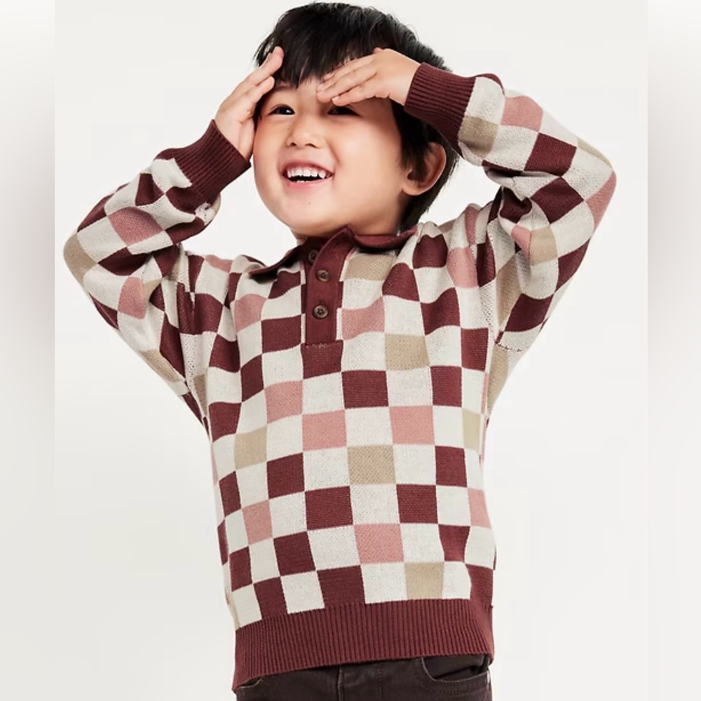 Old Navy NWT Boys 5T Brown Long Sleeved Collared Checkered Sweater